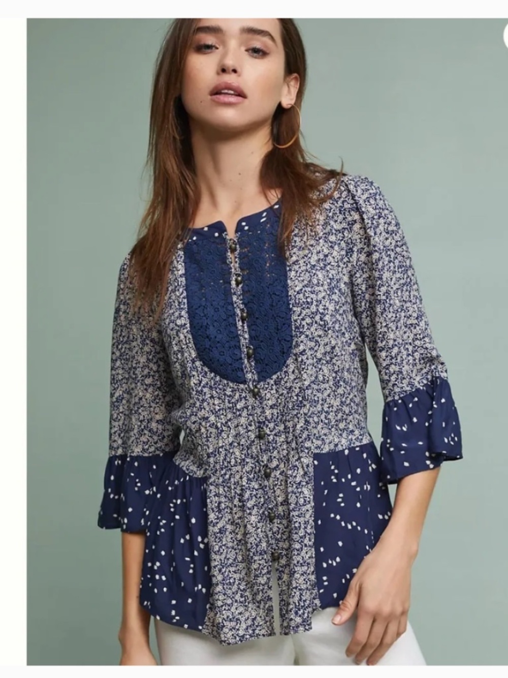 Anthropologie Maeve Navy and Ivory Mixed-Print Crochet-Paneled Peasant Blouse
